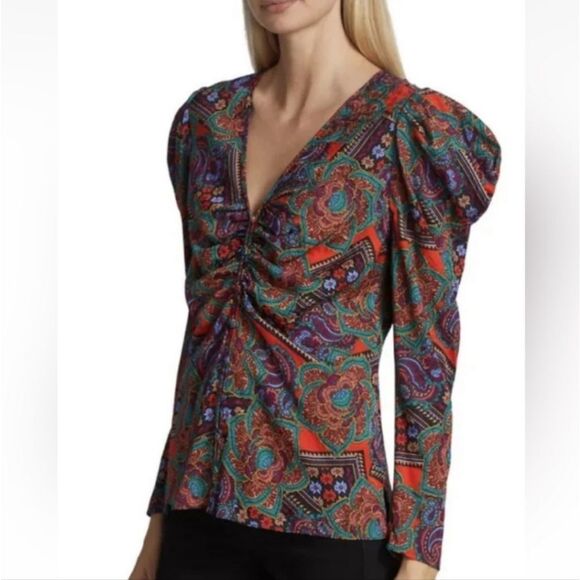 Veronica Beard Simmons‎ Silk-Blend Puff-Sleeve Ruched Blouse Women's 4  - Small - Picture 5 of 12